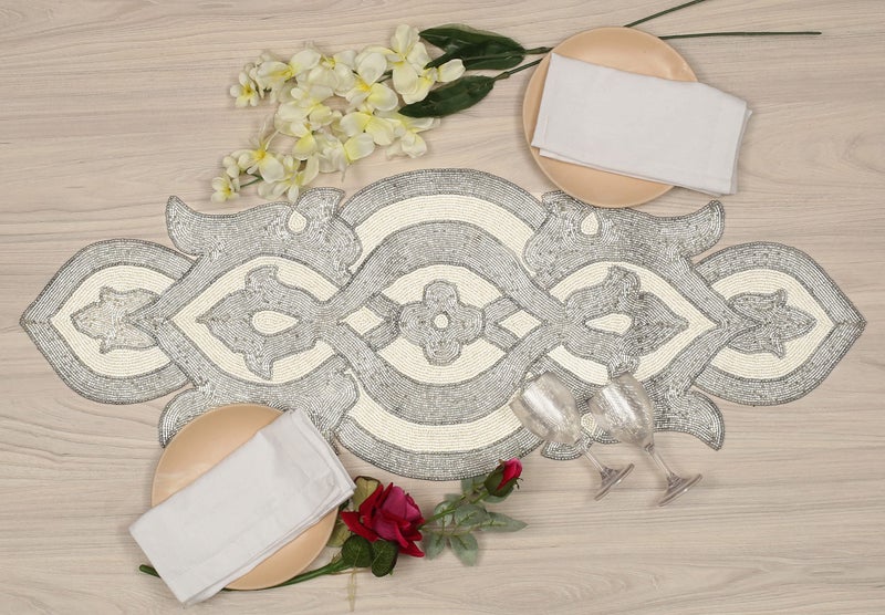 Light & Pro Lightnpro Beaded Table Runner Elegant Infinity Design - Handmade Glitz Table DÃ©cor for Weddings, Parties, Holidays, Gifting & Everyday Use - Decorative Centerpiece Accent - 13x36 Inch - Silver Ivory - Image 2